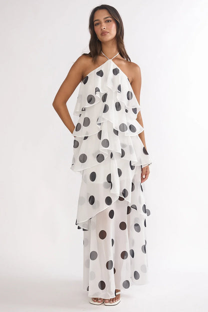 Darylyn Tiered Ruffle Maxi Dress Polka Dot White