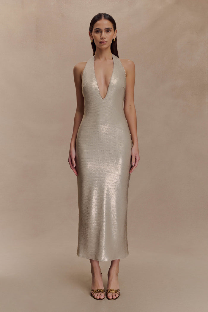 Carnation Sequin Halter Midi Dress - Gold