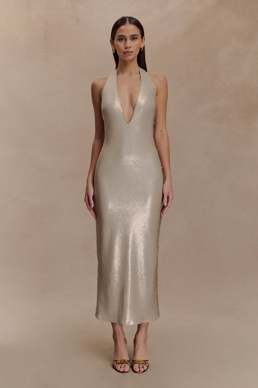 Carnation Sequin Halter Midi Dress - Gold