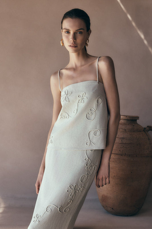 Casey Linen Corded Embroidered Linen Top - Natural
