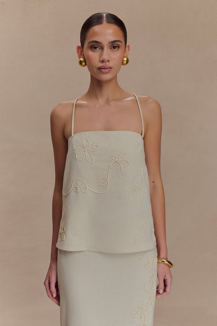 Casey Linen Corded Embroidered Linen Top - Natural