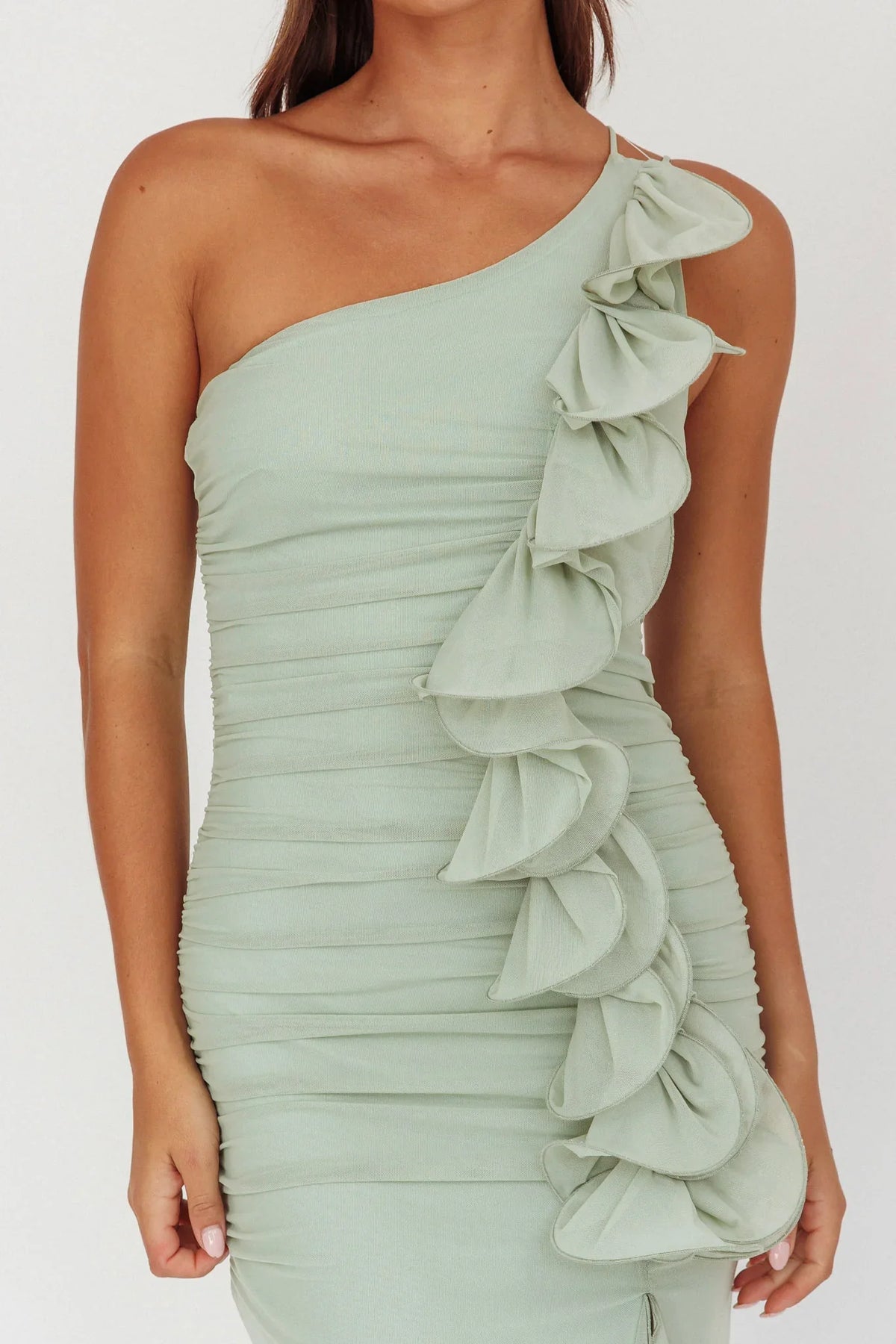 Haven One-Shoulder Ruffle Accent Maxi Dress Sage