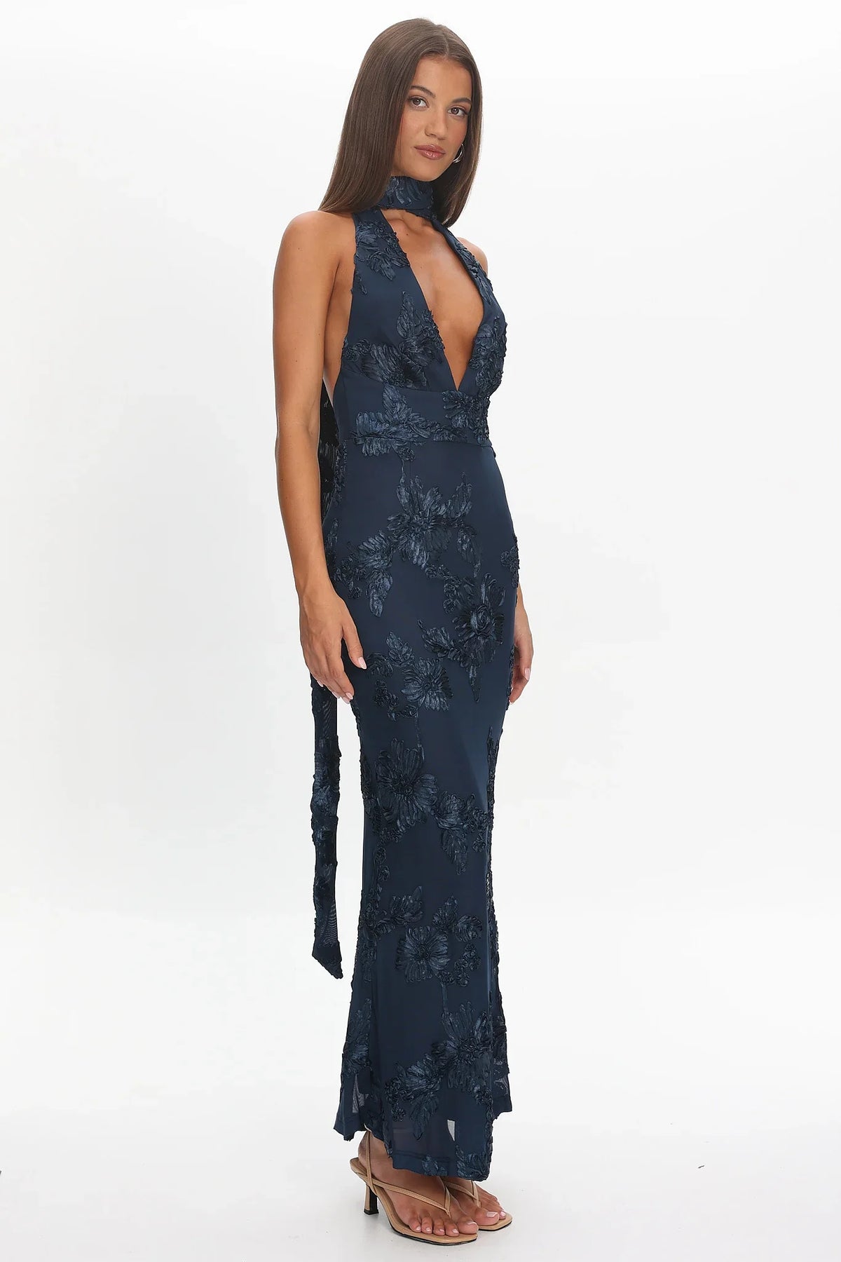 Cipriana Backless Halter Maxi Dress Embellished Navy