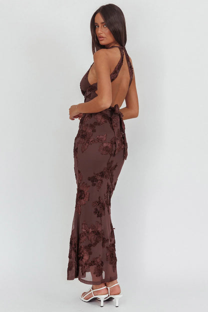 Cipriana Backless Halter Maxi Dress Embellished Brown
