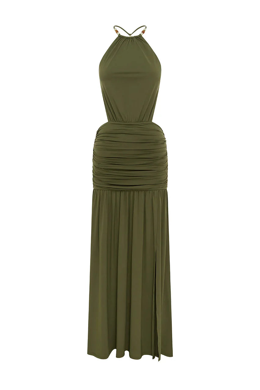 IMELDA HIGH NECK MAXI DRESS - OLIVE