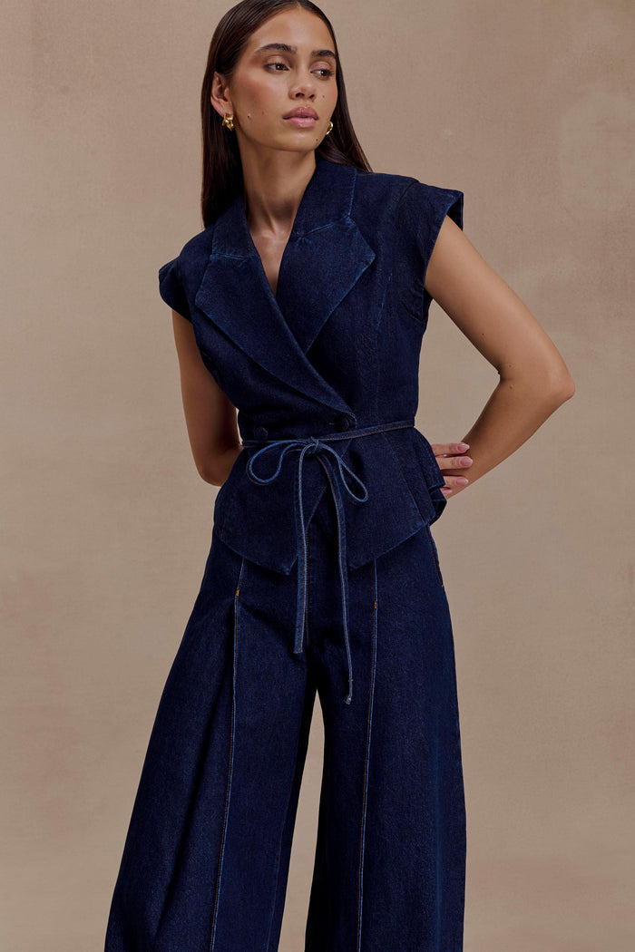 Charley Structured Tie Denim Top - Indigo Blue