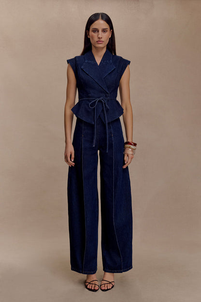 Charley Structured Tie Denim Top - Indigo Blue