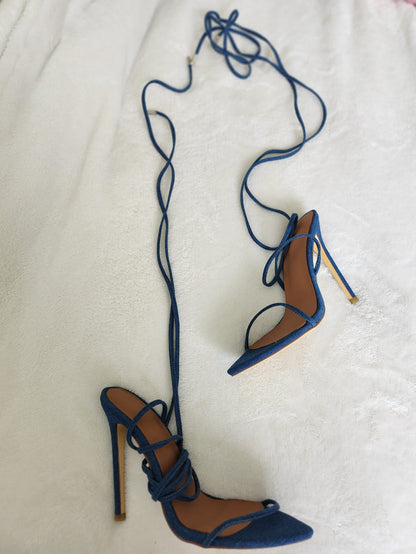 Clearance - Blue Denim Thin Cross Strap Stiletto Heels Large