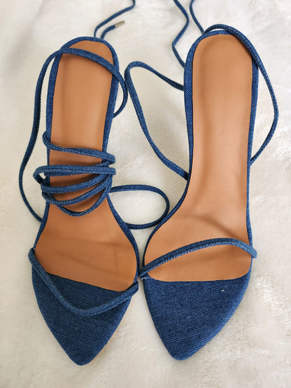 Clearance - Blue Denim Thin Cross Strap Stiletto Heels Large