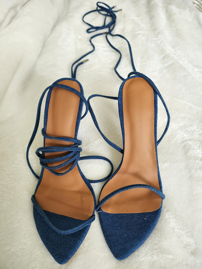 Clearance - Blue Denim Thin Cross Strap Stiletto Heels Large