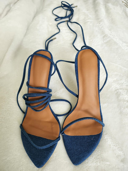 Clearance - Blue Denim Thin Cross Strap Stiletto Heels Large
