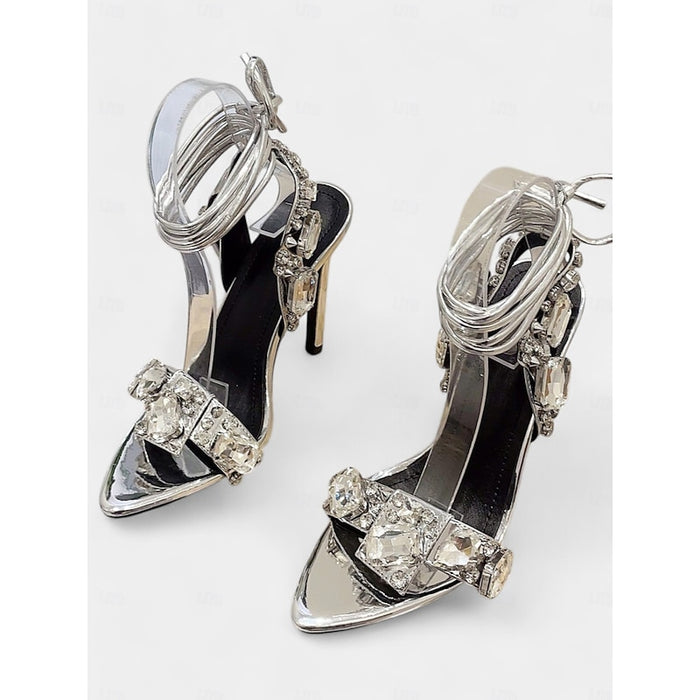 Clearance - Chunky Rhinestone Metallic Lace Up High Heel Sandals