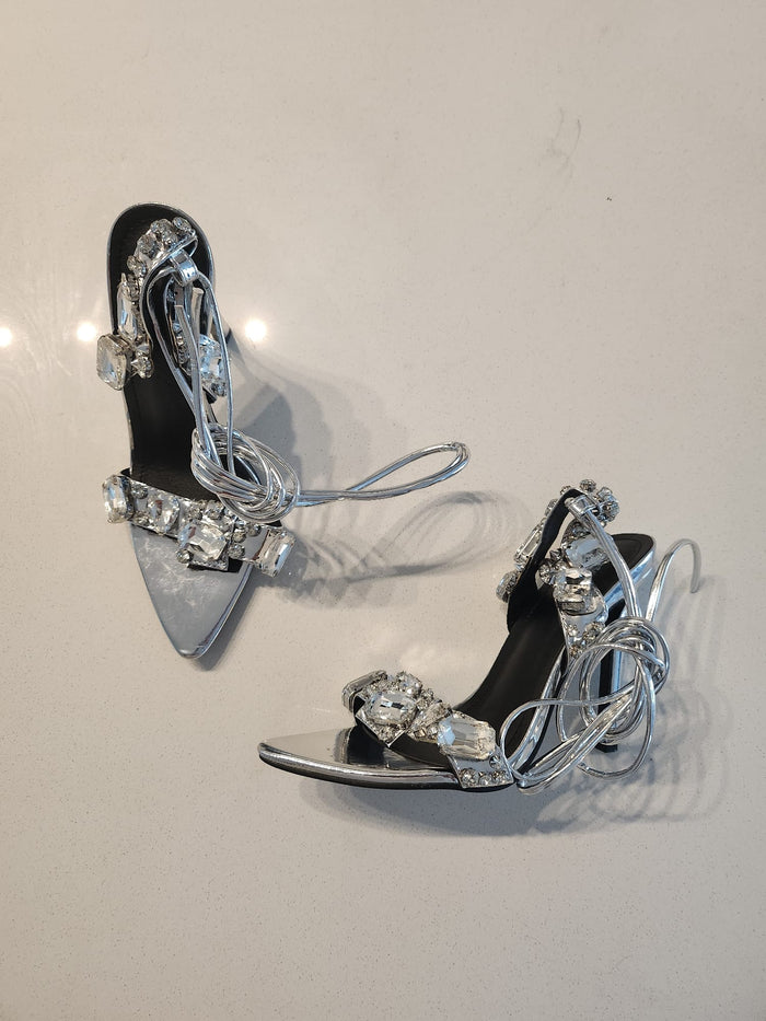 Clearance - Chunky Rhinestone Metallic Lace Up High Heel Sandals