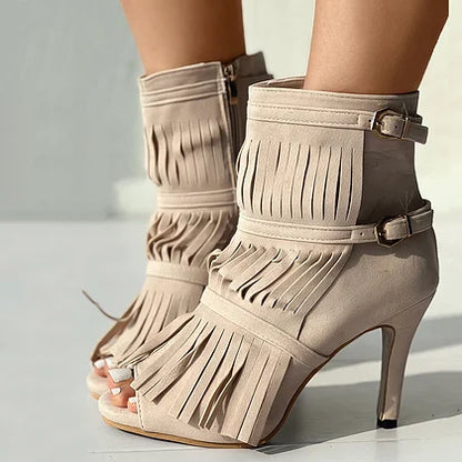 Clearance - Strappy Fringe High Heel Ankle Boots
