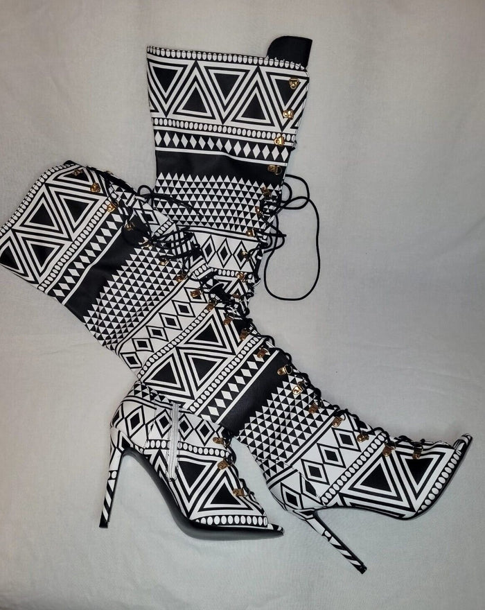 Clearance - Tribal Print Open Thigh High Boots