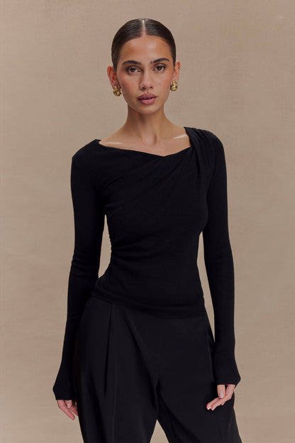 Culver Draped Twist Knit Top - Black