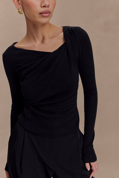 Culver Draped Twist Knit Top - Black