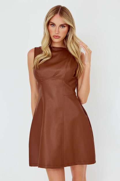 Opulent Sleeveless A-Line Mini Dress Faux Leather Brown