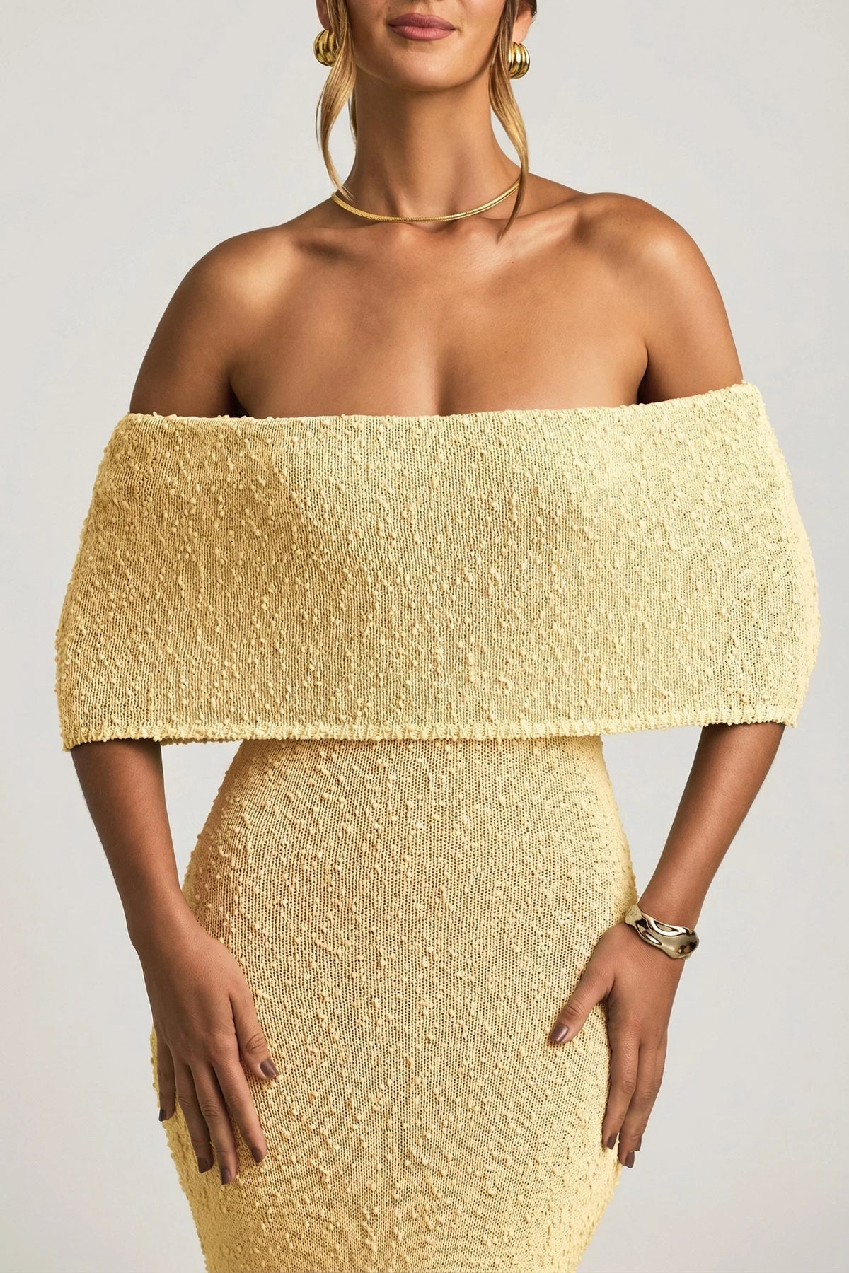 Bouclé Off-Shoulder Maxi Dress in Yellow