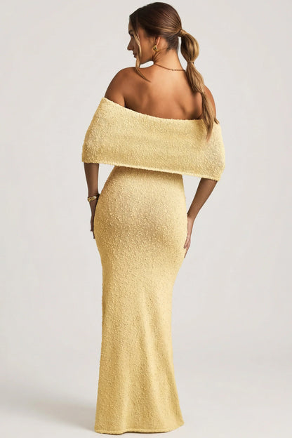 Bouclé Off-Shoulder Maxi Dress in Yellow