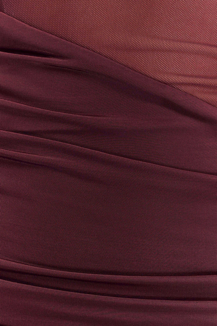 Dallas One Shoulder Mesh Mini Dress  - Mahogany