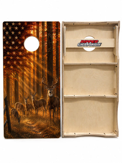 Deer Hunting American Flag Cornhole Design