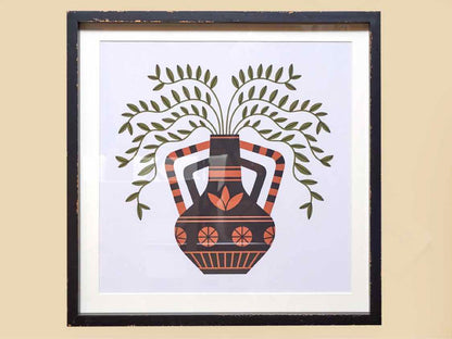 Distressed Black Framed Foliage In Vase Print Under Glass