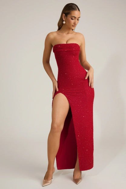 Embellished Strapless Cowl-Neck Maxi Dress in True Red
