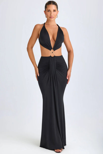 Hardware Detail Cut-Out Halterneck Maxi Dress in Black