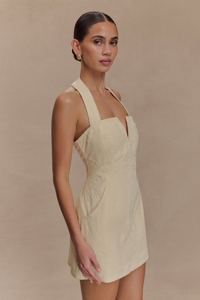 Ebony Embroidered Denim Mini Dress - Cream