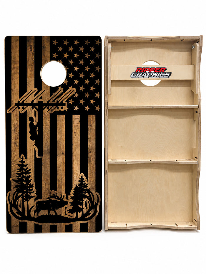 Elk Hunting Lineman American Flag Cornhole Design