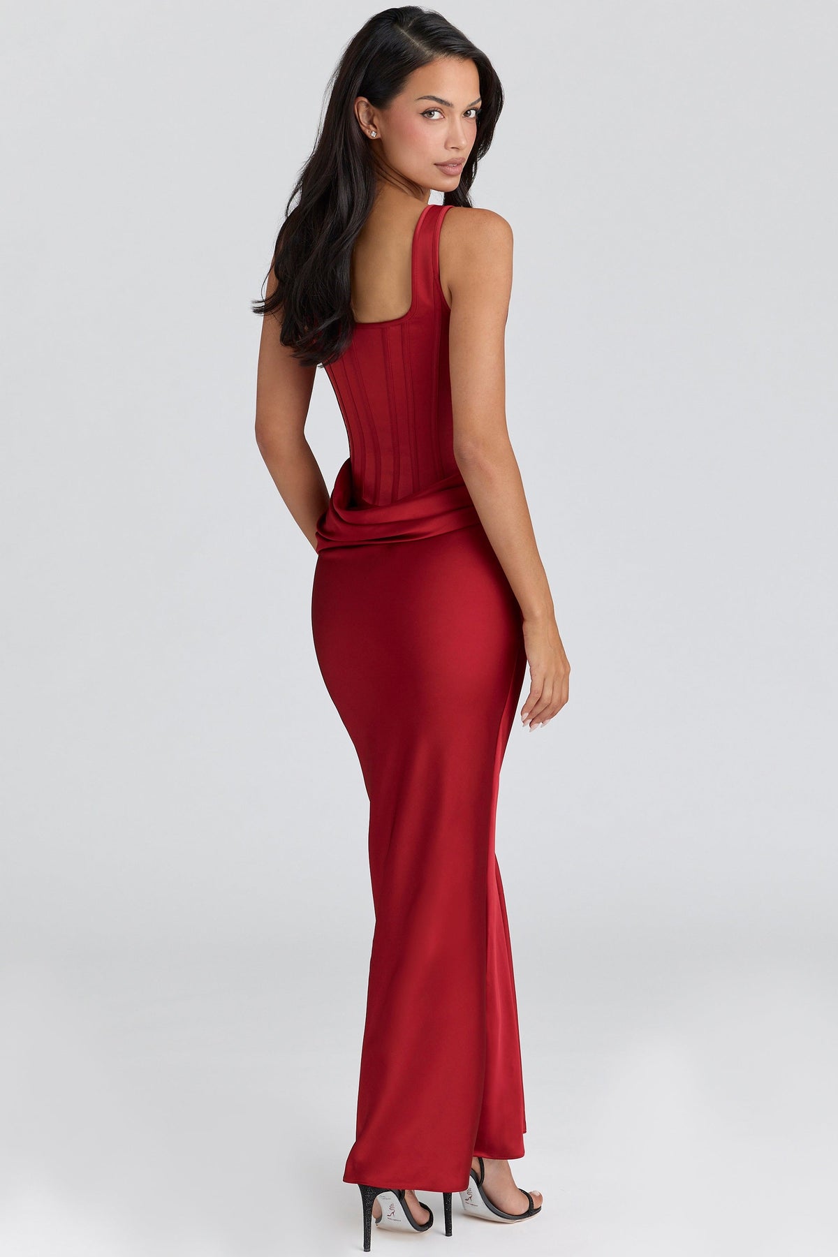 red satin corset maxi dress