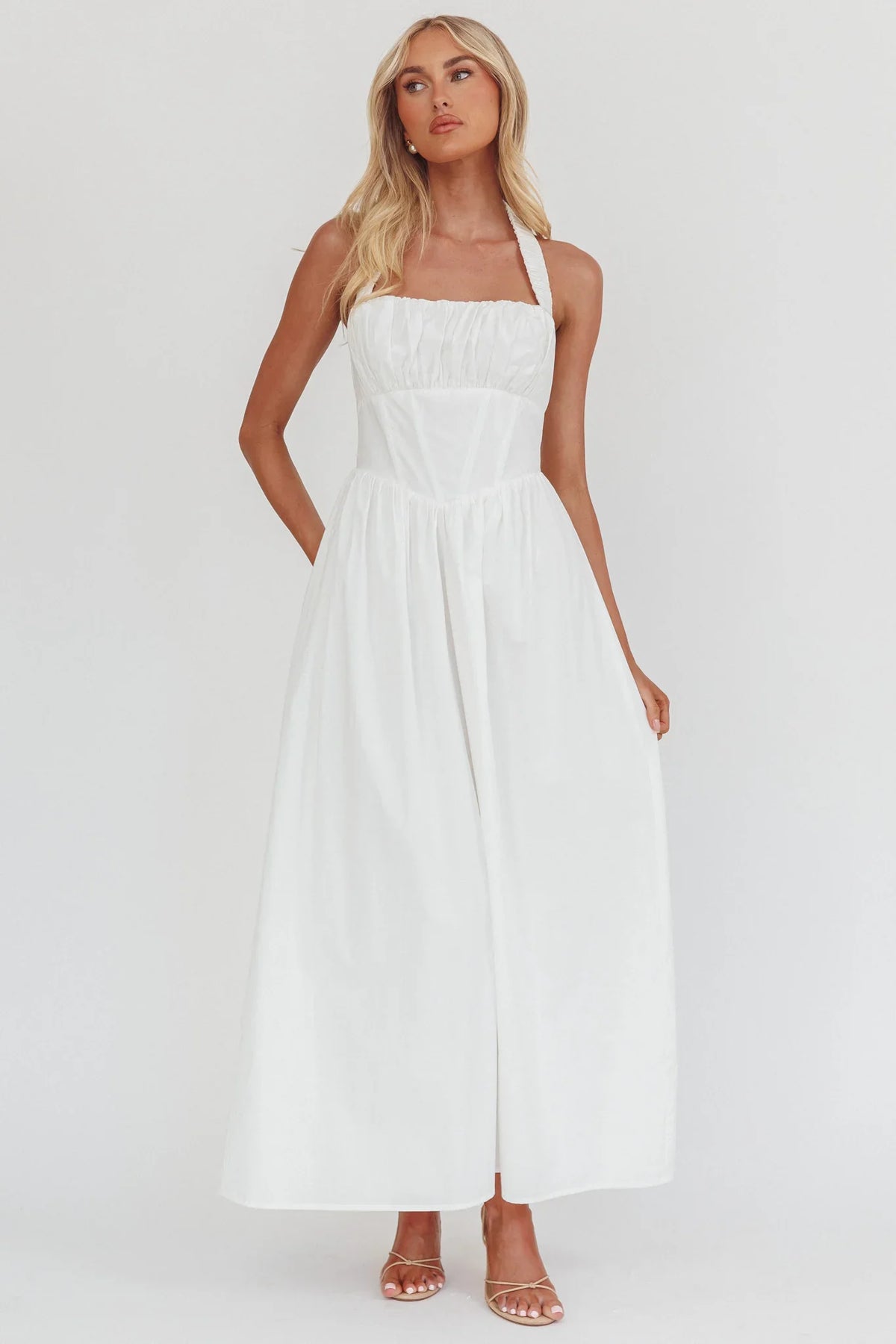 Irisa Elasticated Halter Maxi Dress White