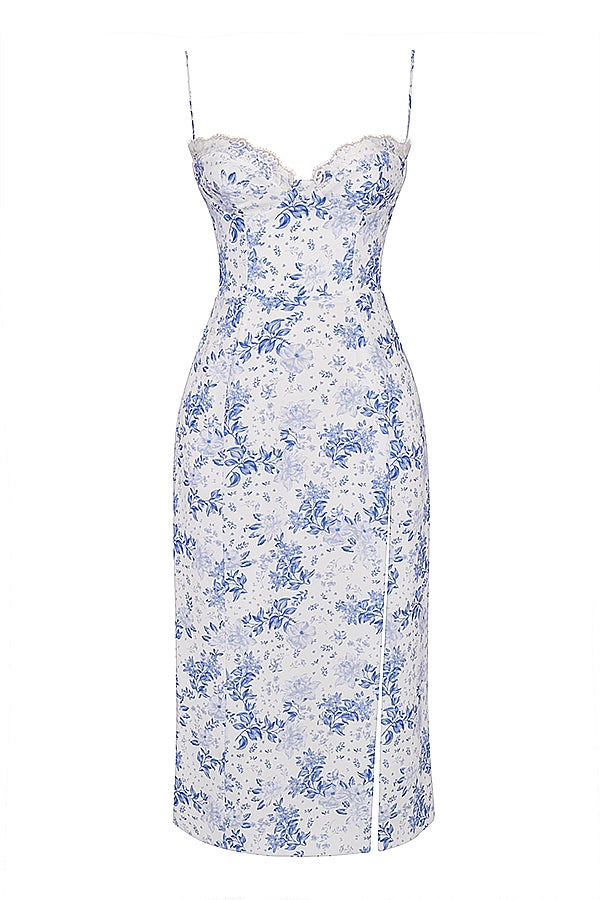 blue print corset midi dress