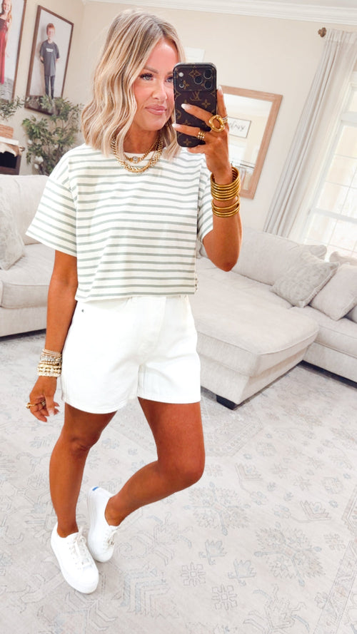 - FINAL SALE -The Essential Cropped Stripe Tee-Sage Green