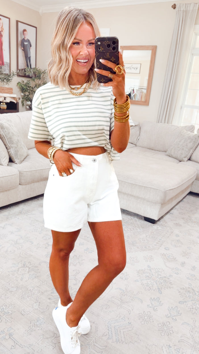 - FINAL SALE -The Essential Cropped Stripe Tee-Sage Green