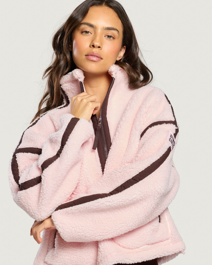 Woman modeling Gym+Coffee Industry Fleece Half Zip Ballet Pink Shop Gym+Coffee at Dotique