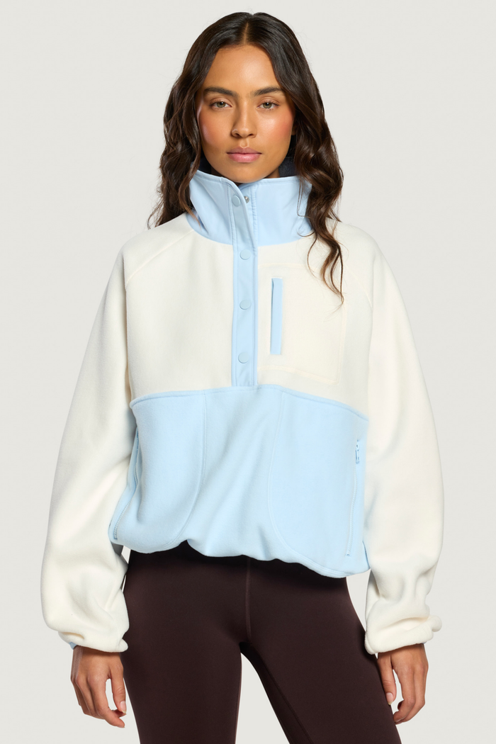 Model wearing Gym+Coffee Snap Polar Fleece Glacial Blue Shop Gym+Coffee at Dotique