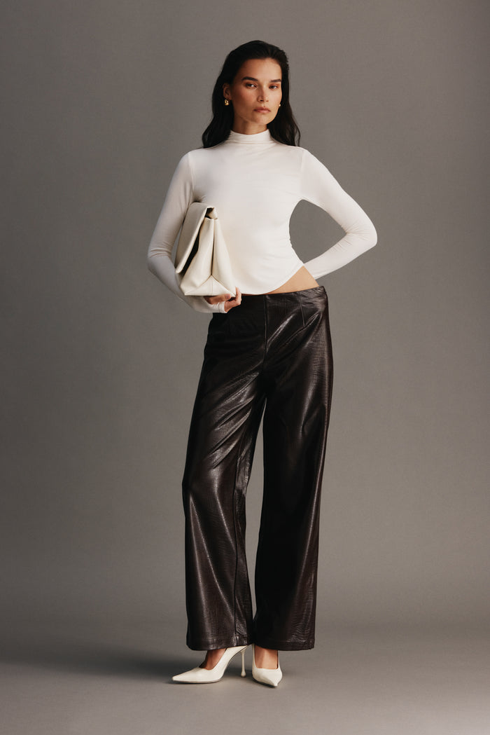 Henry Croc Faux Leather Straight Leg Pants - Dark Chocolate