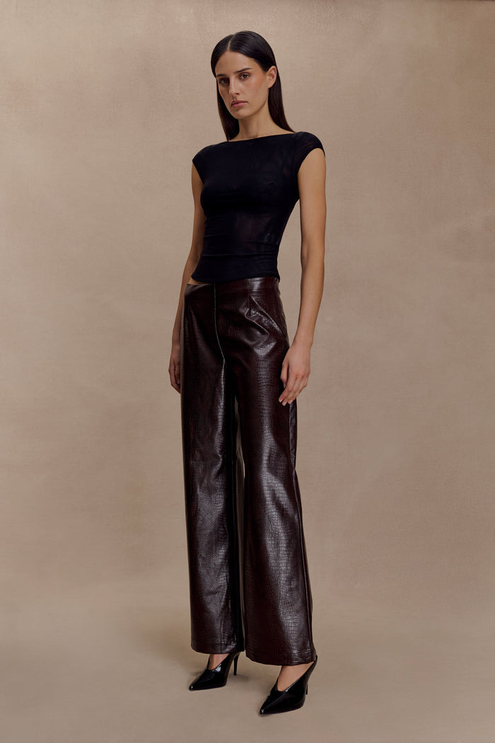 Henry Croc Faux Leather Straight Leg Pants - Dark Chocolate