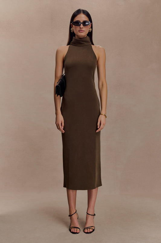 Kennedy High Neck Midi Dress - Chocolate