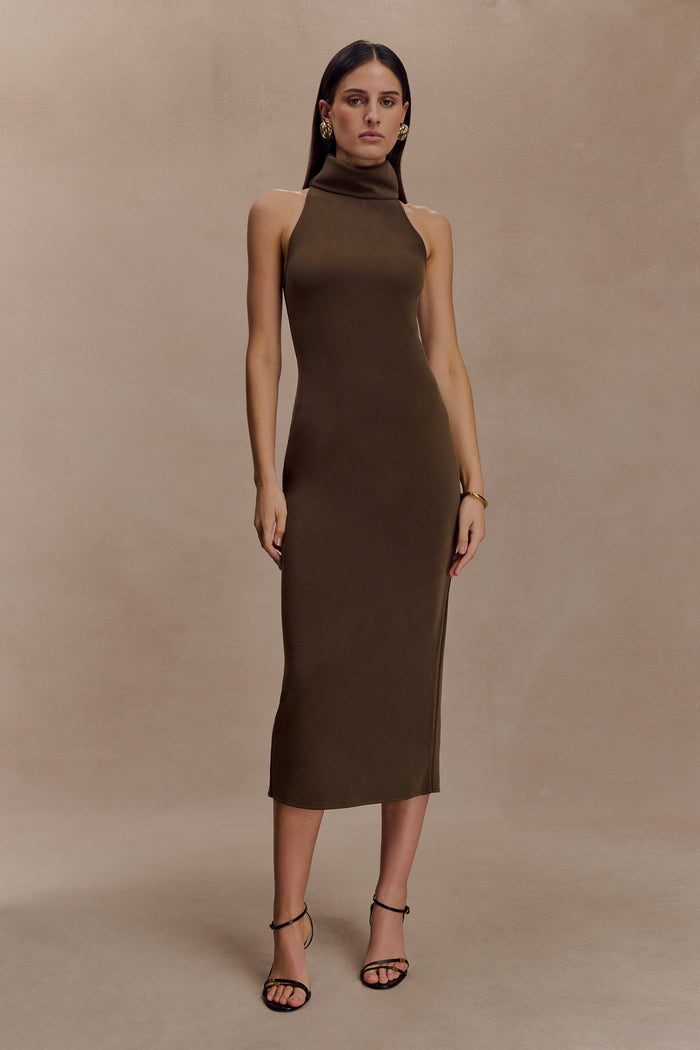 Kennedy High Neck Midi Dress - Chocolate