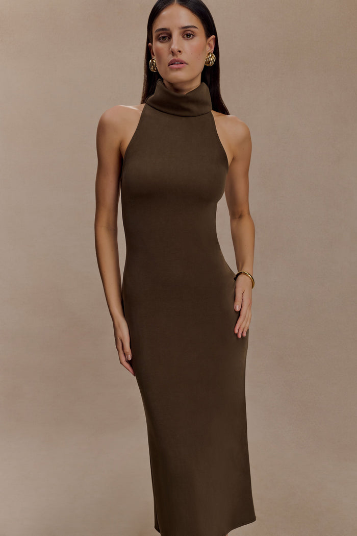 Kennedy High Neck Midi Dress - Chocolate