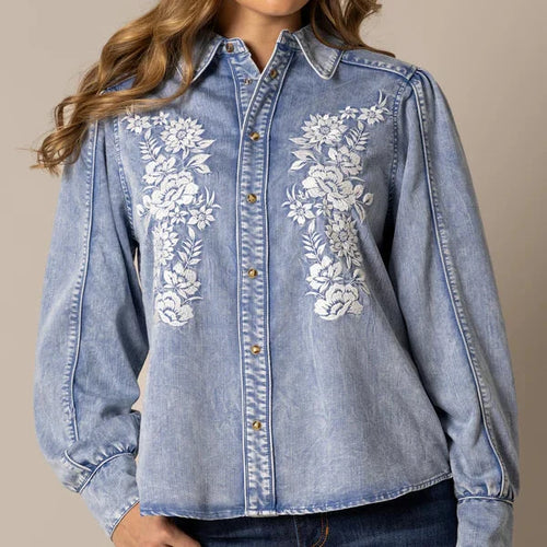 Kimes Ranch Women's L/S Mae Western Snap Shirt in Light Wash Indigo