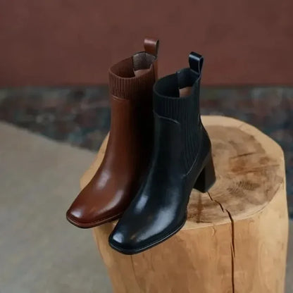 Knitted Pull Up Block Heel Ankle Boots