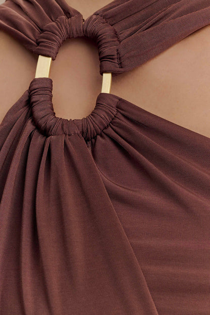 Lottie Slinky Maxi Dress With Split - Chocolate