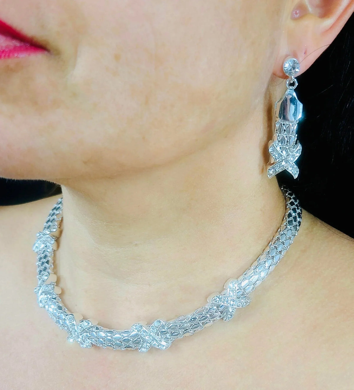 Luxe X-Cross Necklace Set (Silver)