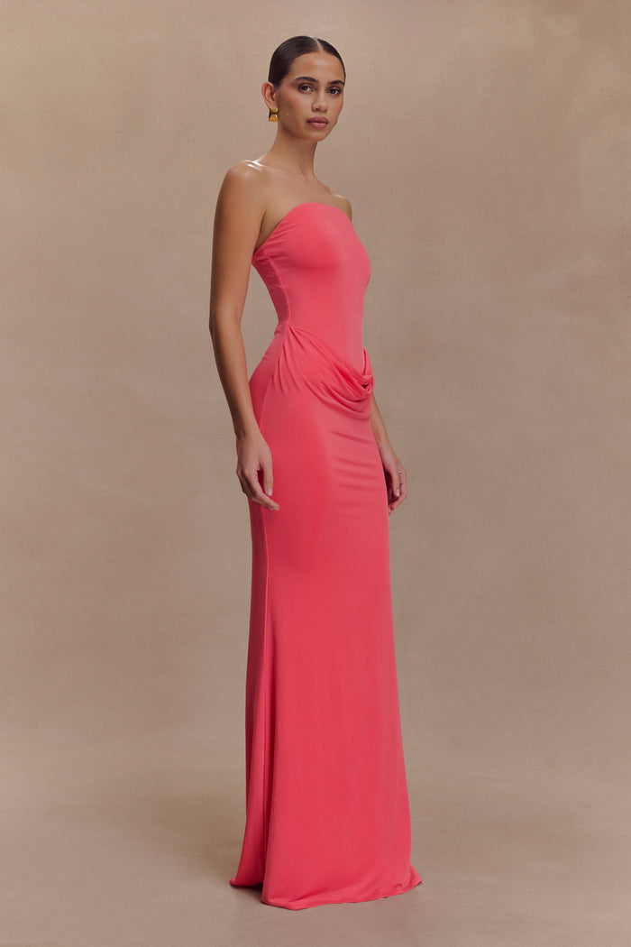 Madison Strapless Slinky Maxi Dress - Coral