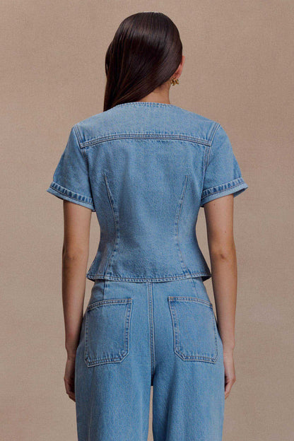 Marge Fitted Denim Short Sleeve Top - Classic Blue