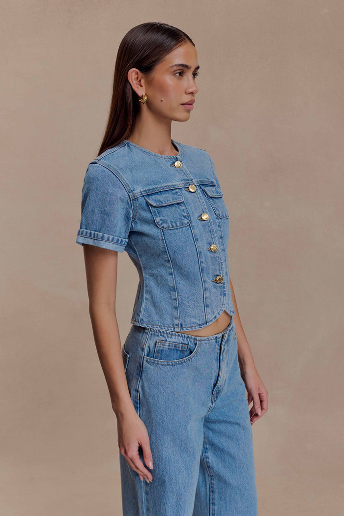 Marge Fitted Denim Short Sleeve Top - Classic Blue